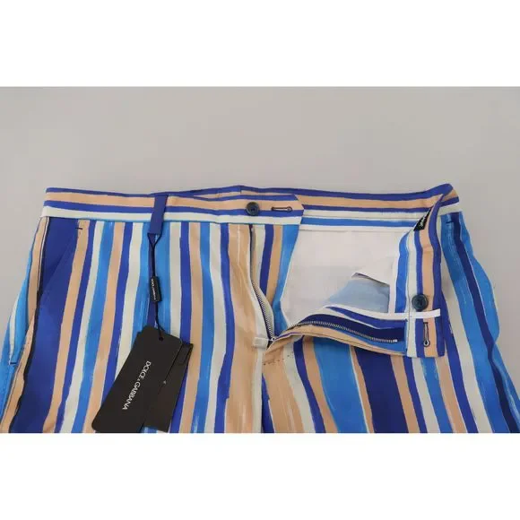 Dolce & Gabbana Blue Striped Silk Cotton Slim Trousers Pants